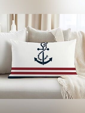 NEW White Blue Red “Anchor” Pillow Cover (1) - 12”x20” - No Pillow Insert